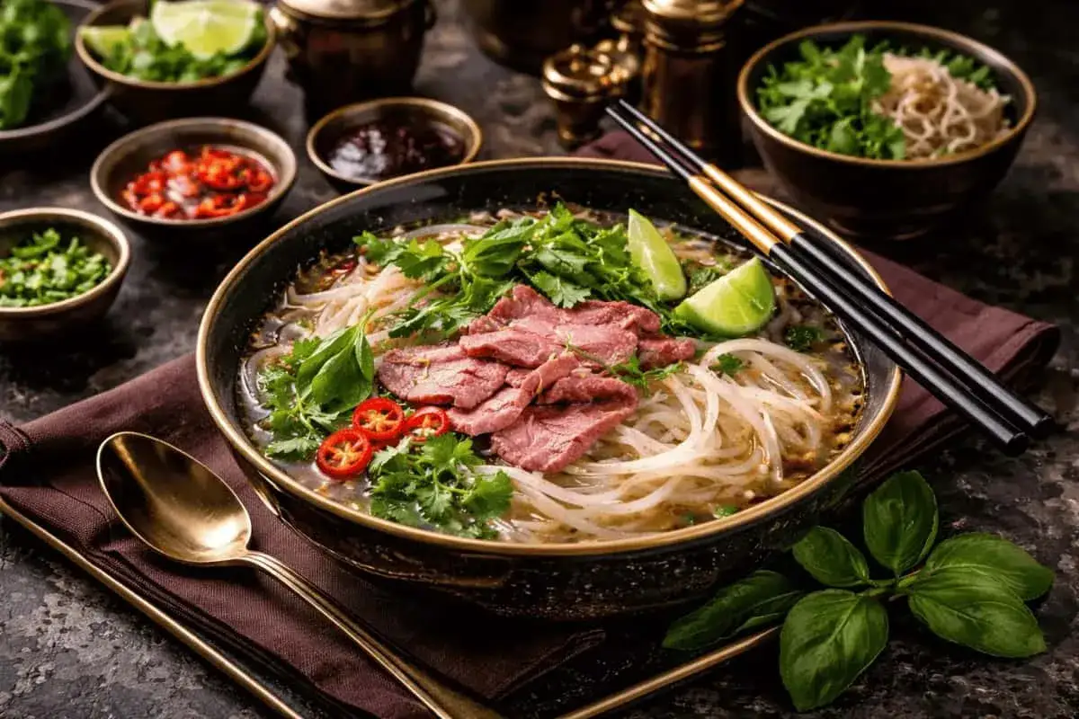 En sk&aring;l med vietnamesisk mat, pho, med nudlar, tunt skivat k&ouml;tt, f&auml;rska &ouml;rter, lime och chili.