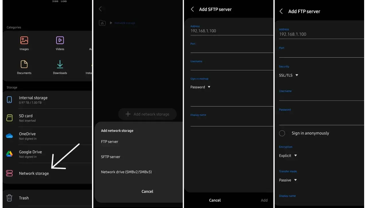Android-Dateimanager zeigt Optionen zum Hinzuf&uuml;gen von Netzwerkspeicher, wie FTP- oder SFTP-Server, an.