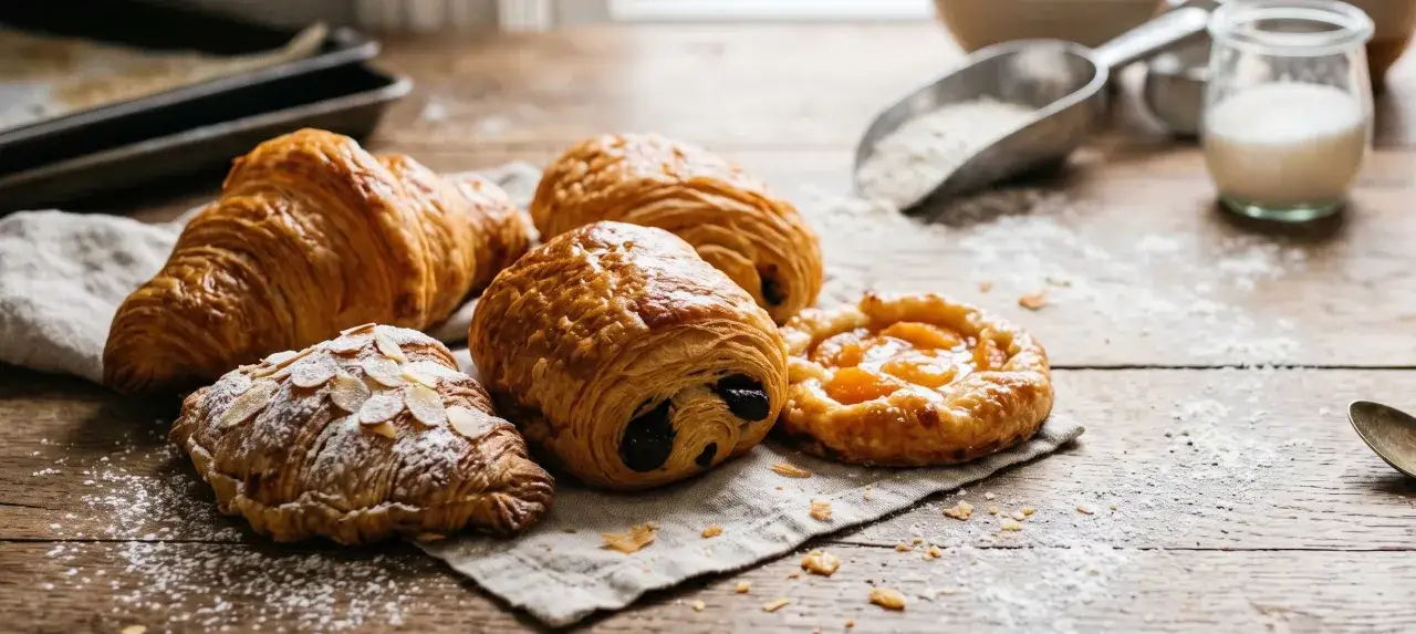 Assortiment de viennoiseries dorées sur une table en bois, avec une pelle à farine et du lait. Par quoi remplacer la farine pour ces délices ?