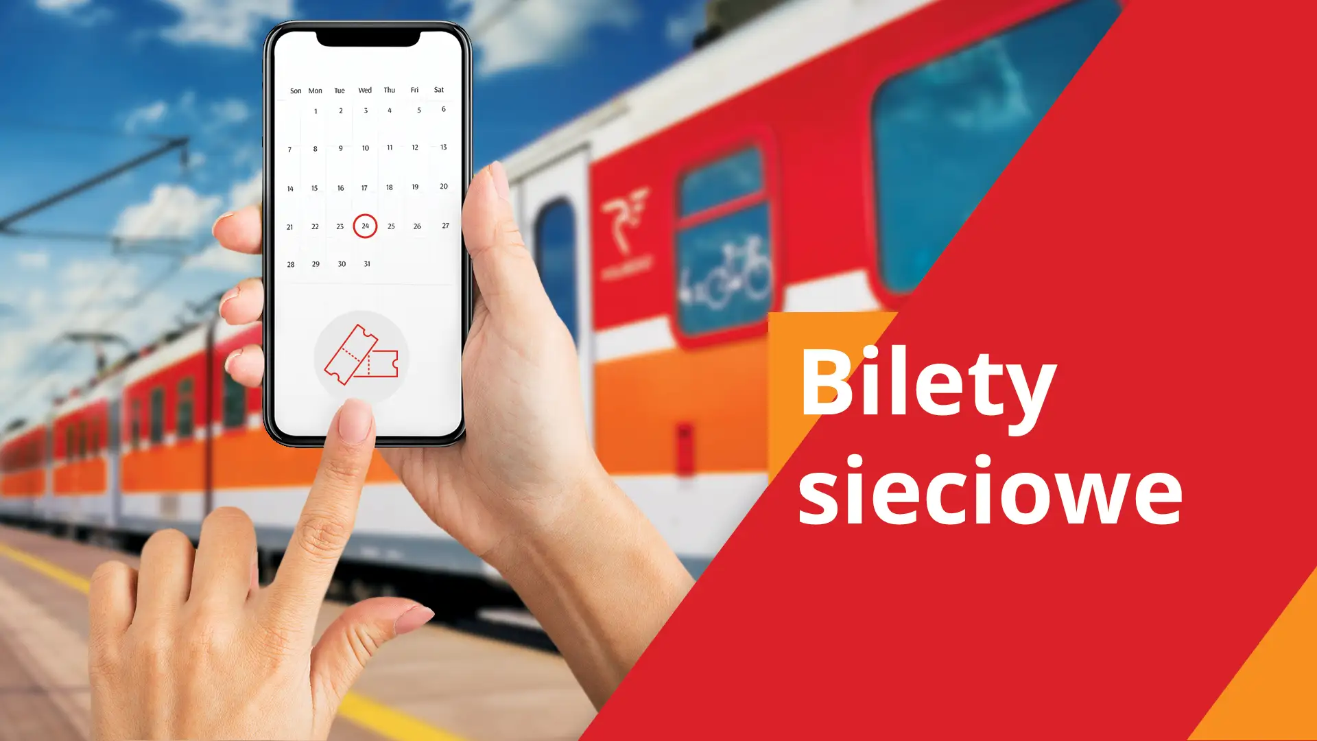 Sprawdź w aplikacji, czy można jechać wcześniejszym pociągiem regio. Na ekranie telefonu widoczny jest kalendarz i ikona biletów.