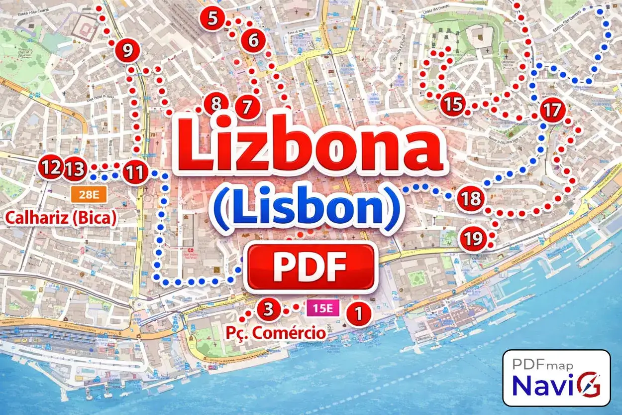 Mapa Lizbony z zaznaczonymi trasami spacerowymi i numerowanymi punktami. Widoczne dzielnice Lizbony, np. Calhariz (Bica) i P&ccedil;. Com&eacute;rcio.