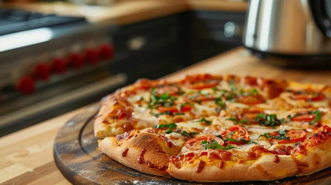 Pyszna pizza z pomidorami i bazylią, idealna do przygotowania w **air fryerze**. Chrupiące ciasto i aromatyczne dodatki.