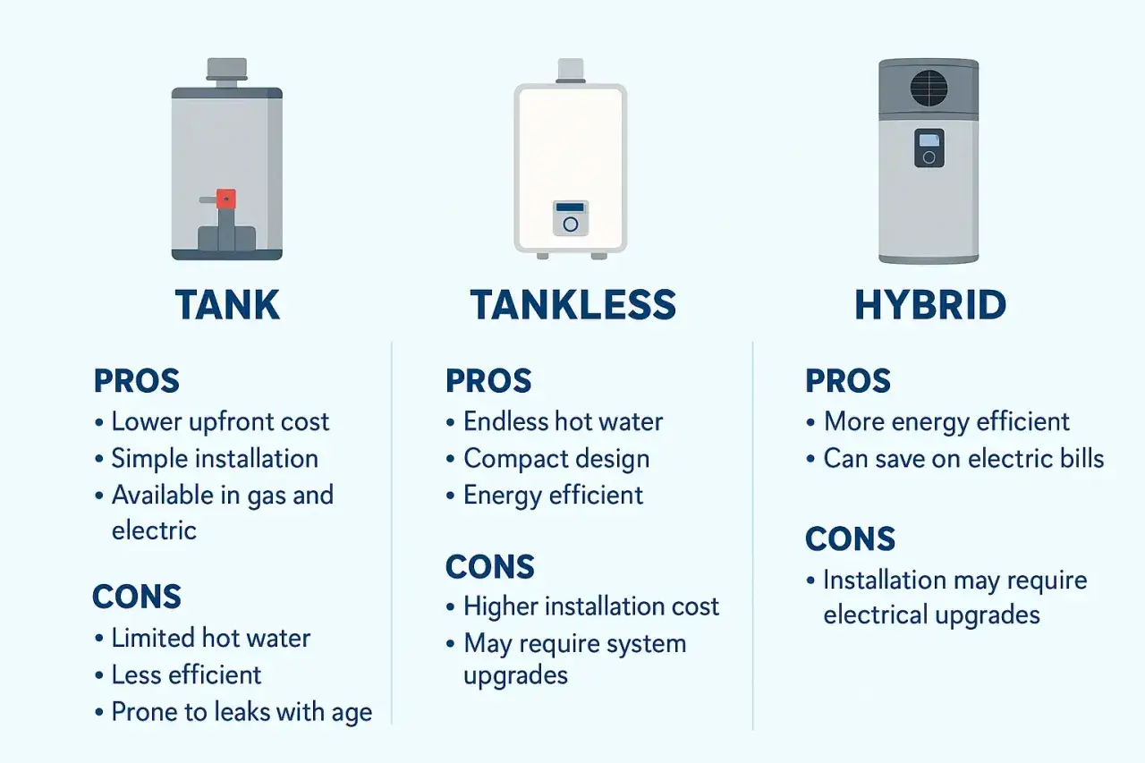 Vergleich von Warmwasserbereiter-Typen: Tank, Tanklos und Hybrid. Ein Kleindurchlauferhitzer Test zeigt Vor- und Nachteile.