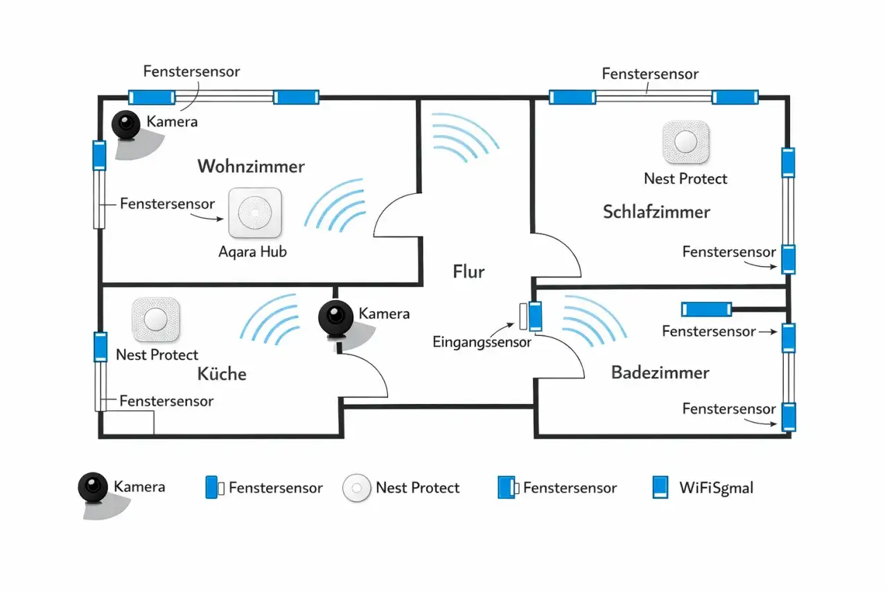 Grundriss mit Kameras, Fenstersensoren, Aqara Hub und Nest Protect für eine Smart Home Installation.