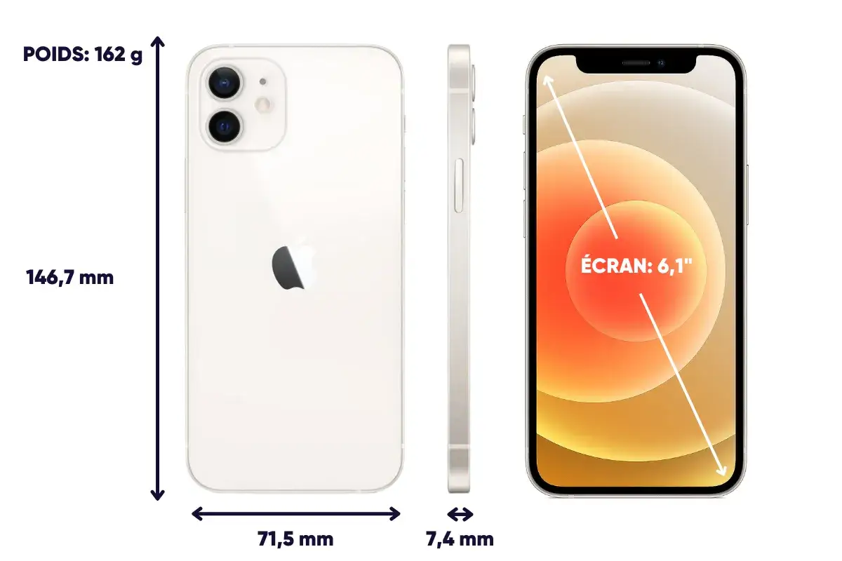 iPhone 12 : poids 162g, 146,7 mm de haut, 71,5 mm de large, 7,4 mm d'épaisseur, écran 6,1