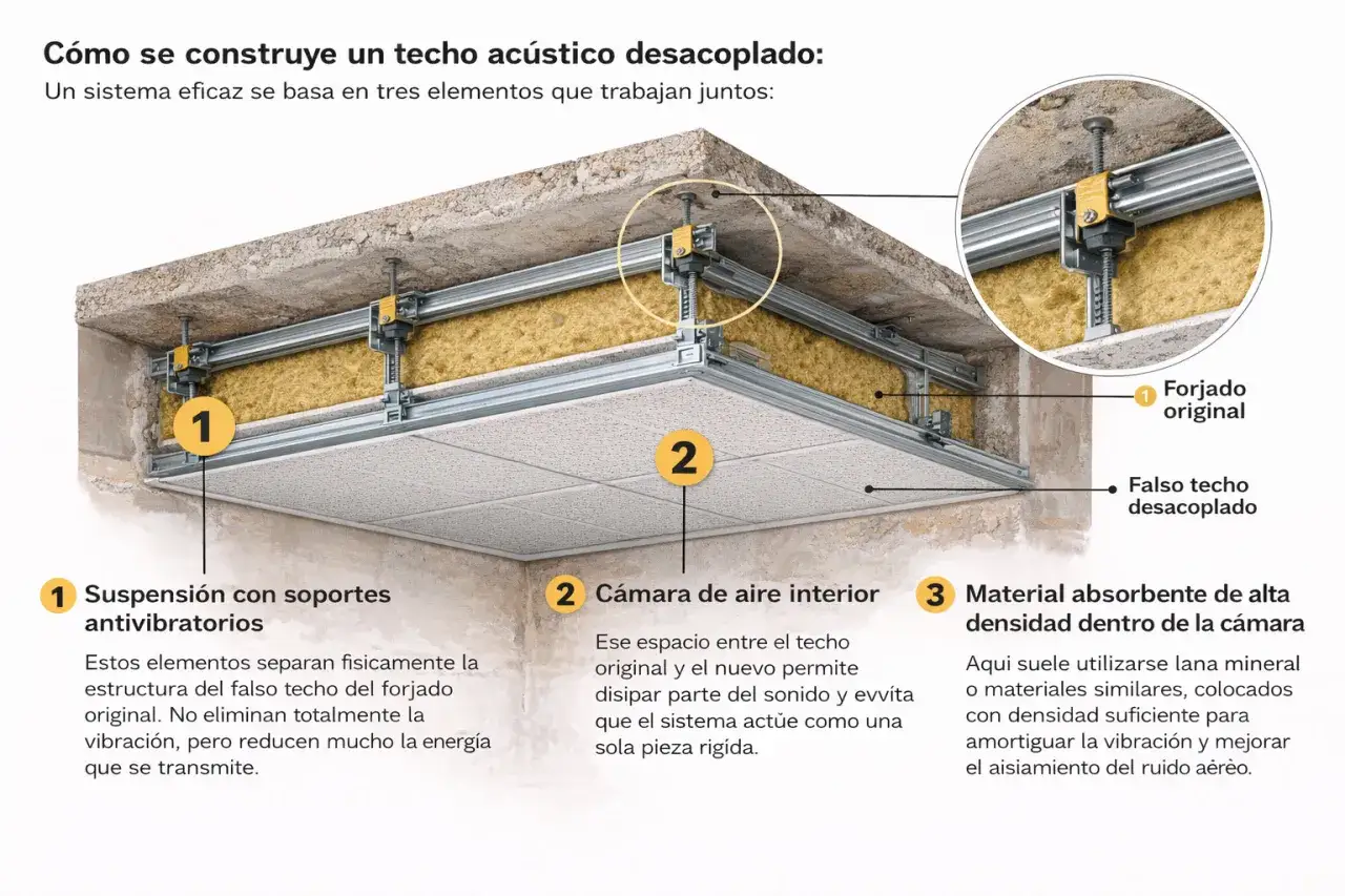Ilustraci&oacute;n de c&oacute;mo insonorizar un techo con suspensi&oacute;n antivibratoria, c&aacute;mara de aire y material absorbente.