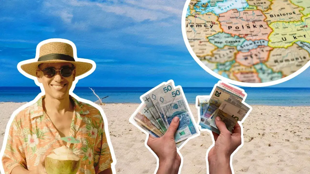 Szukasz pomysłu, gdzie najtaniej na wakacje? Mężczyzna z drinkiem na plaży, ręce trzymające polskie złotówki i euro, a w tle mapa Polski.