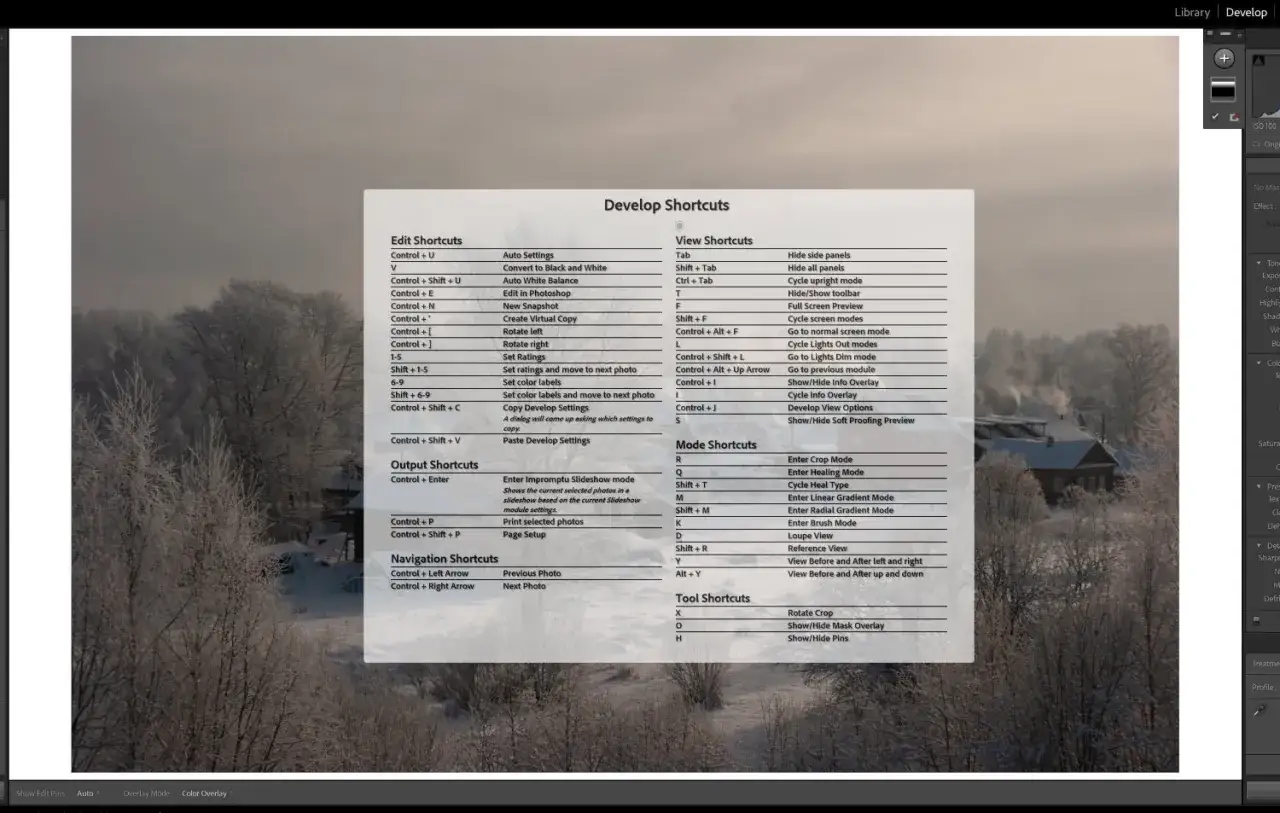 Zestawienie skr&oacute;t&oacute;w klawiszowych Lightroom do szybkiej edycji i nawigacji.