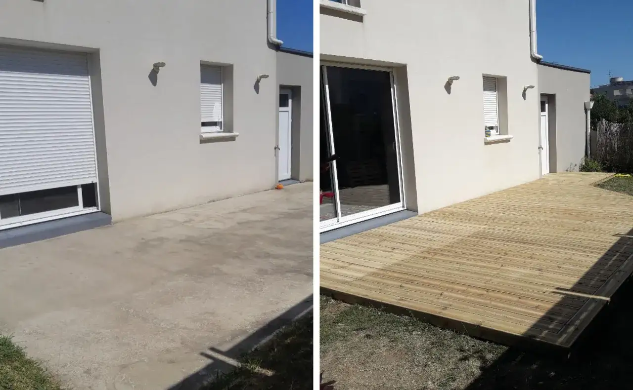 Avant/après : une terrasse en bois neuve et éclatante remplace un sol en béton terne. L'eclaircir bois avant apres est spectaculaire.