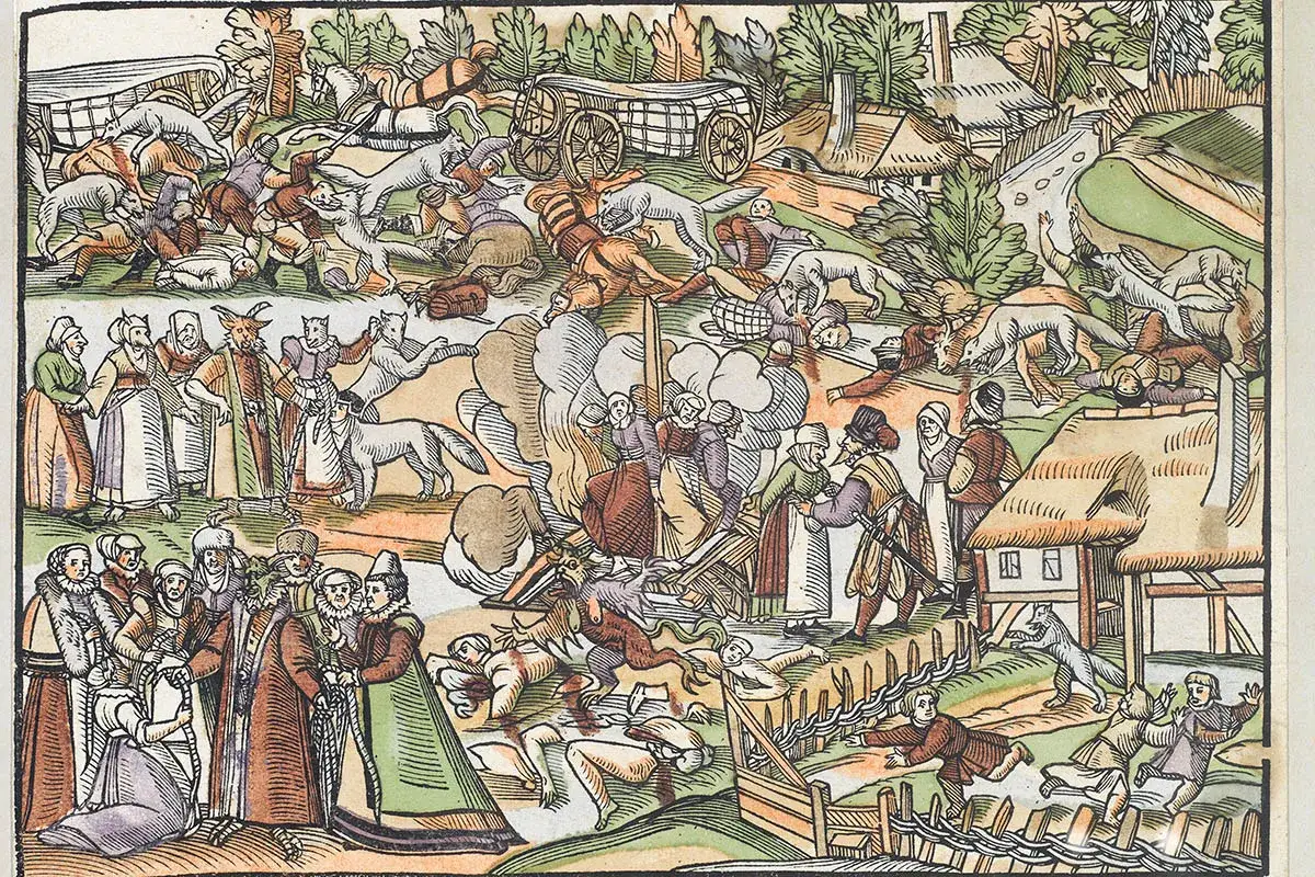 Mittelalterliche Szene mit Hexen, Dämonen und Tieren, die Menschen angreifen. Chaos und Panik breiten sich aus.