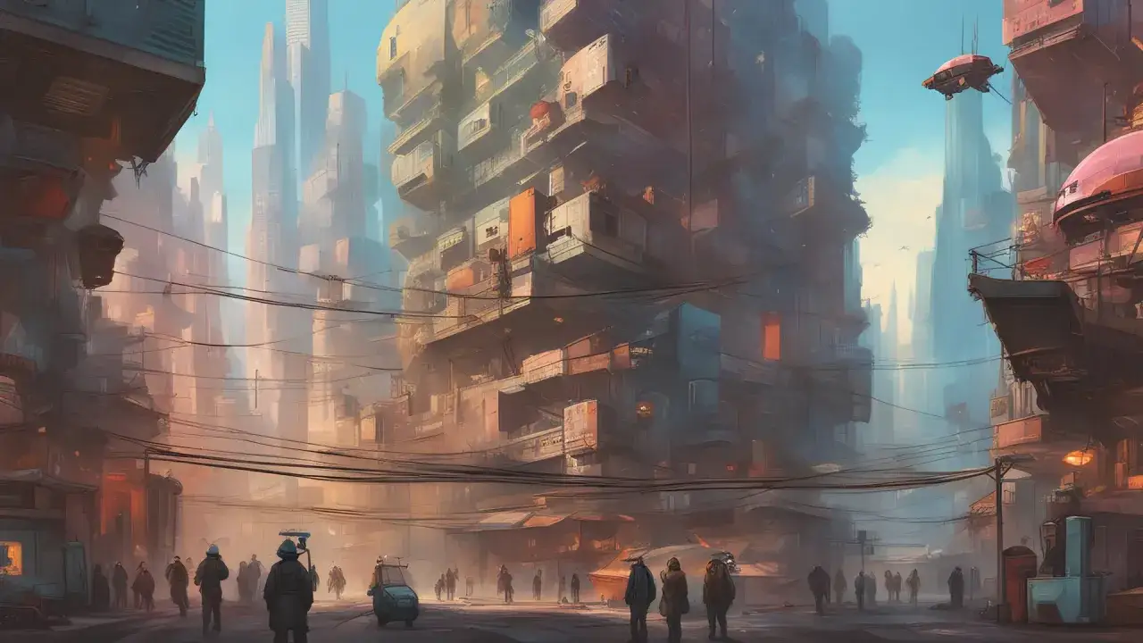 Menschen gehen durch eine enge Stra&szlig;e in einer **dystopischen Welt**. &Uuml;ber ihnen ragen riesige, heruntergekommene Geb&auml;ude auf, durchzogen von Kabeln. Ein kleines Fahrzeug und eine schwebende Drohne sind zu sehen.