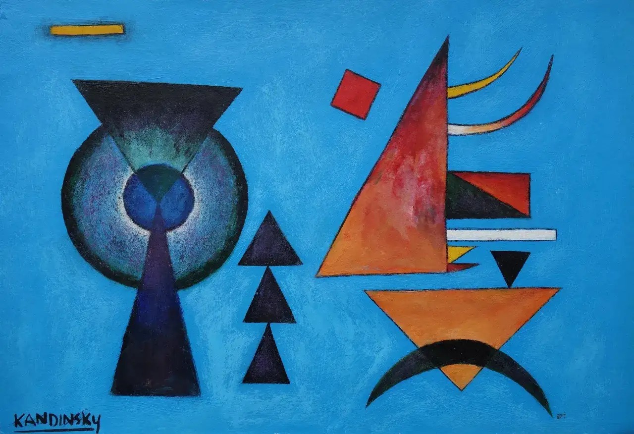 Abstraction color&eacute;e sur fond bleu, avec des formes g&eacute;om&eacute;triques et organiques. Signature Kandinsky en bas &agrave; gauche.