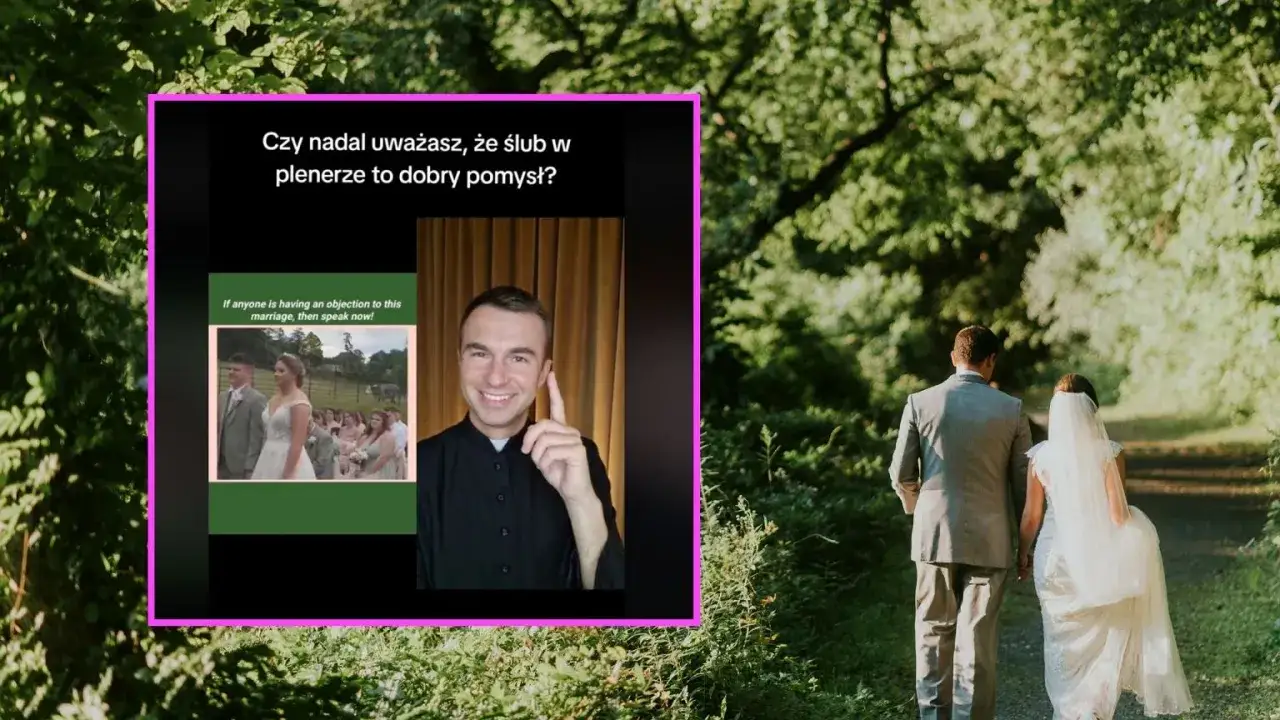 Ksiądz pyta, czy ślub w plenerze to dobry pomysł. W tle para młoda idzie alejką. Ile razy można wziąć ślub kościelny?