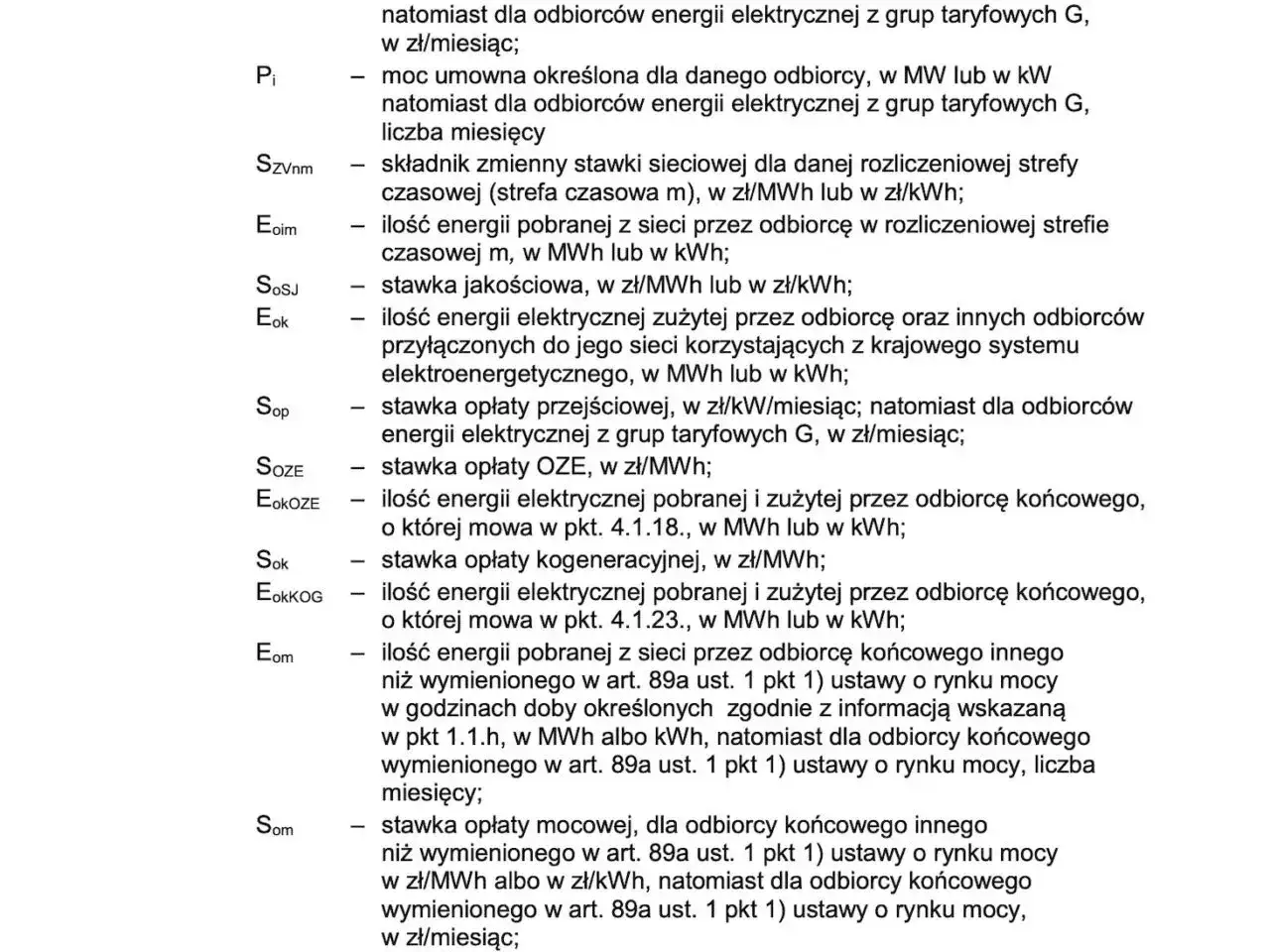 Fragment umowy kompleksowej Tauron: definicje mocy umownej (Pi), stawek sieciowych (SZVnm), energii pobranej (Eoim), stawek jakościowych (SoSJ), energii zużytej (Eok), opłat (Sop, SOZE, Sok, Som) i energii pobranej/zużytej (EoKOZE, EokKOG, Eom).