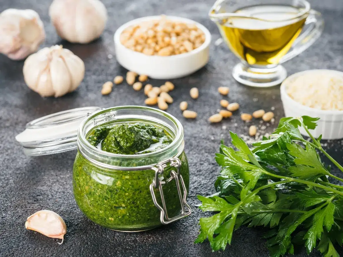 Un vasetto di **salsa verde** fatto in casa, con ingredienti freschi come basilico, aglio, pinoli, parmigiano e olio d'oliva.