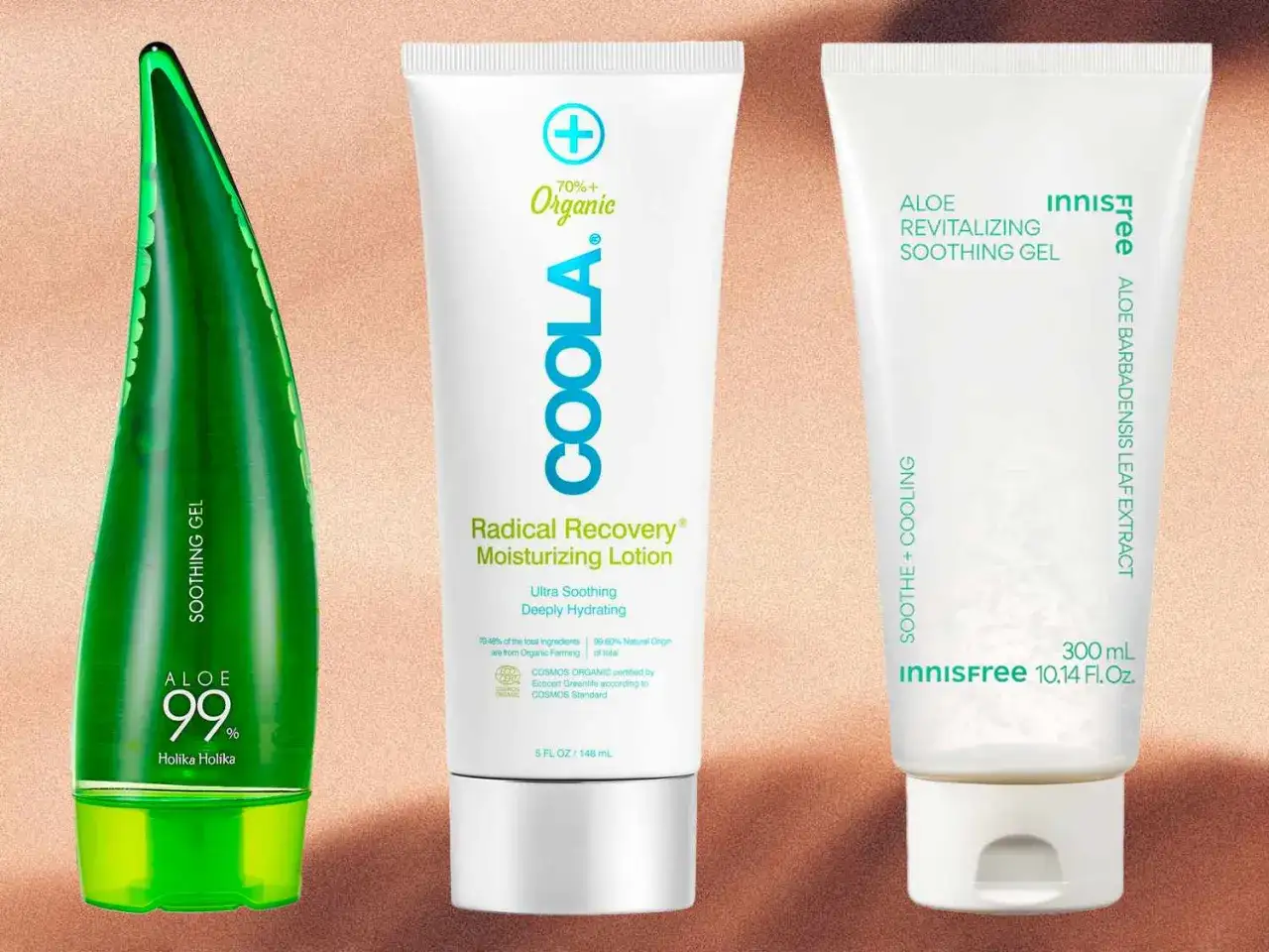 Trzy kosmetyki z aloesem: żel Holika Holika, balsam COOLA i żel Innisfree. Idealne do nawilżania i łagodzenia skóry twarzy.