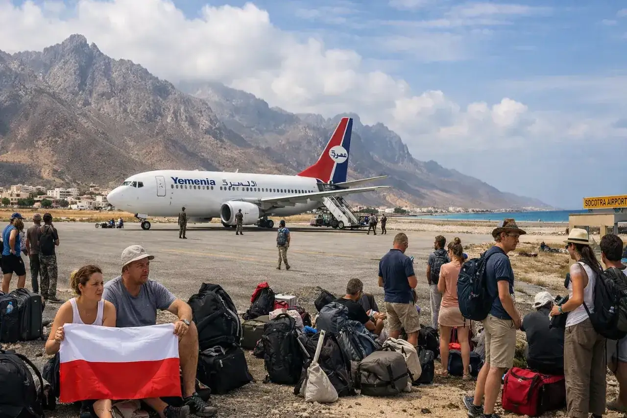 Oczekujący na lotnisku na Sokotrze, z samolotem Yemenia i bagażami.