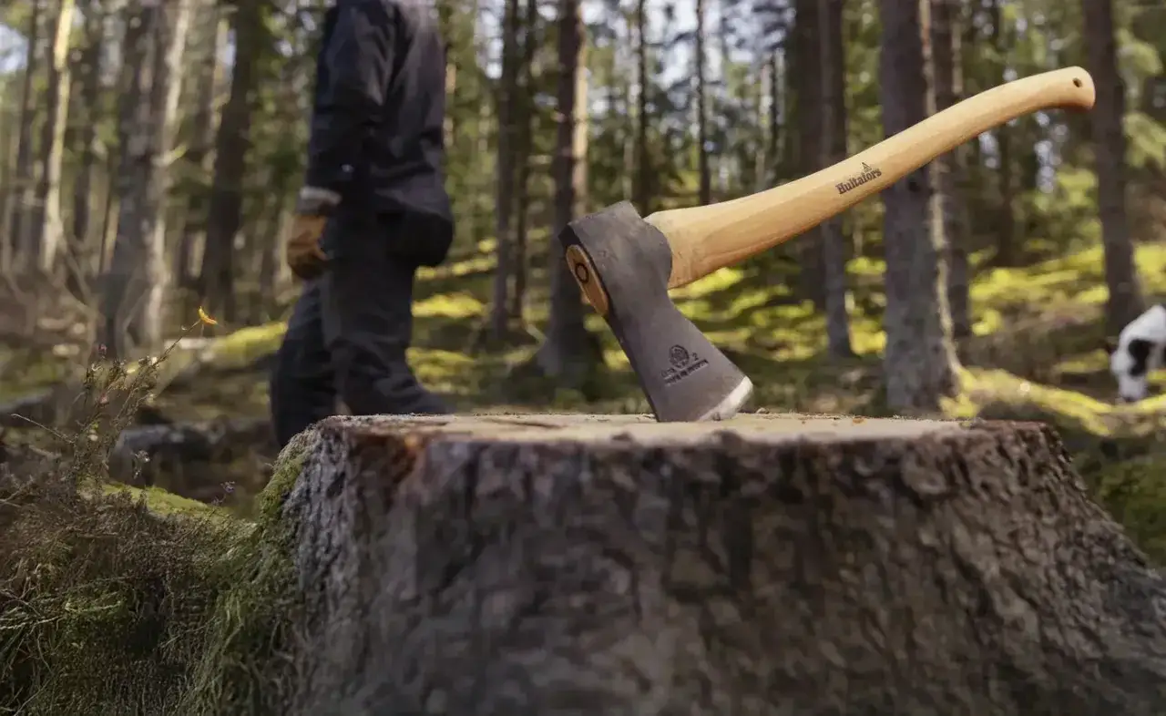En camping yxa står redo på en stubbe i skogen. En person i bakgrunden förbereder sig för att hugga.