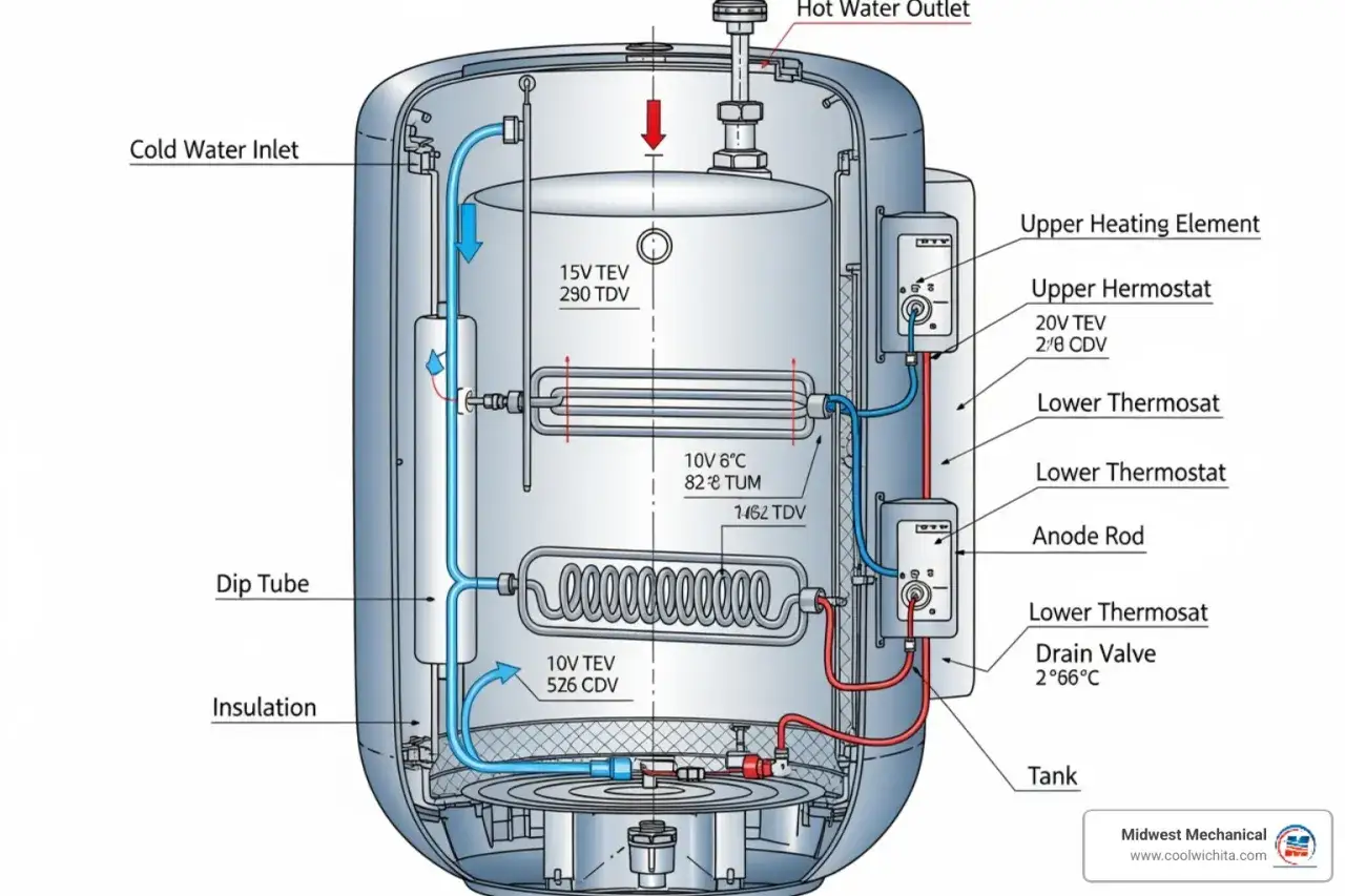 Schema di scaldabagno elettrico. Se la spia non si accende, potrebbe esserci un problema con i termostati o gli elementi riscaldanti.