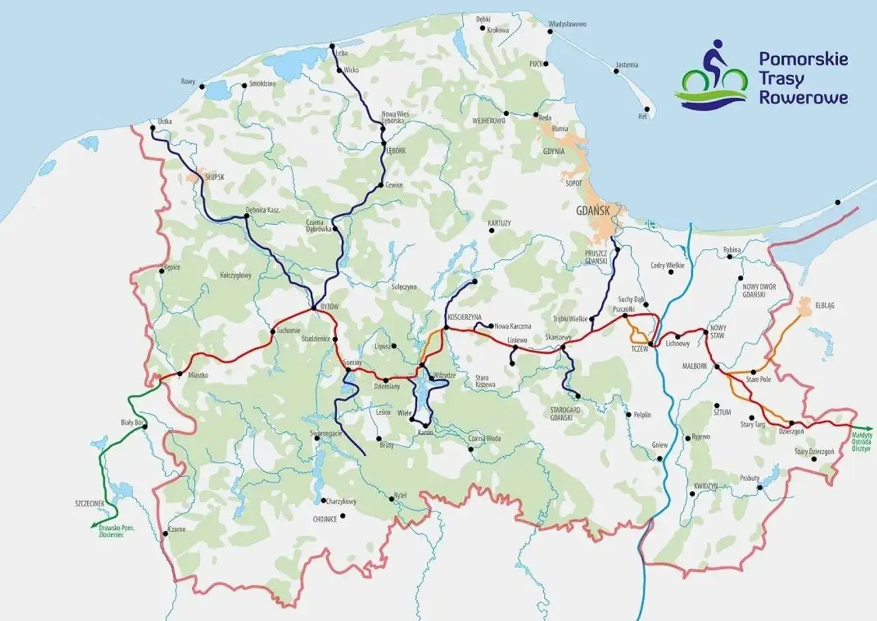 Mapa tras rowerowych Pomorza, obejmująca Kaszuby i Kociewie, z zaznaczonymi miastami i szlakami.