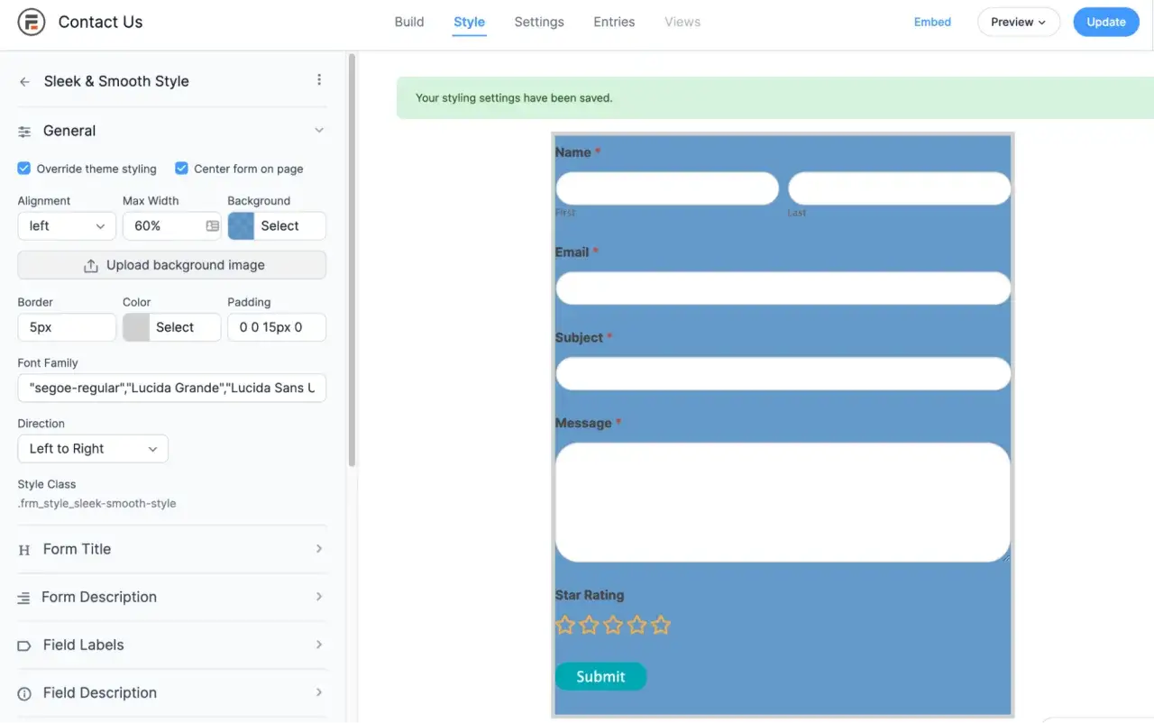 Impostazioni di stile per un form WordPress: allineamento, larghezza, bordo, font e campi.