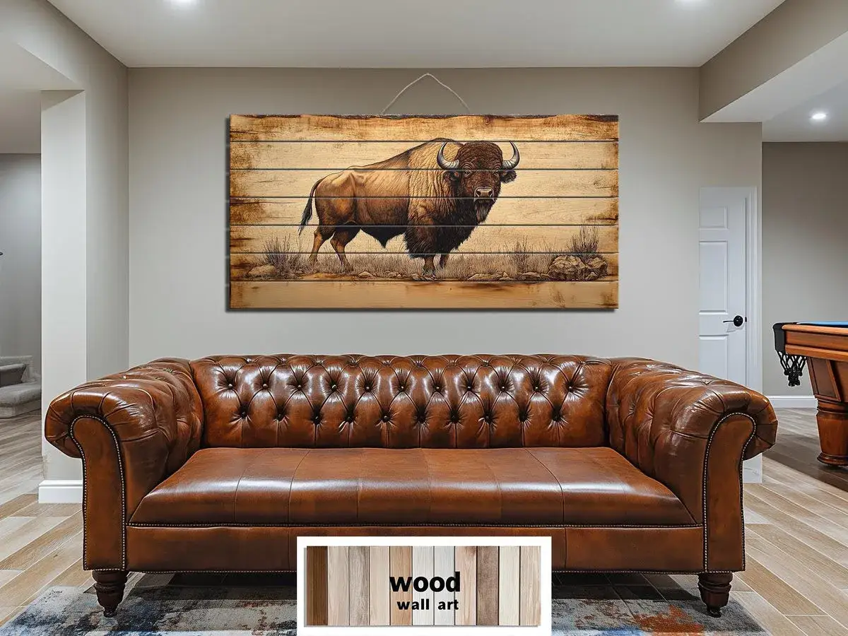 Tableau en bois d'un bison majestueux, évoquant l'esprit western. Un ajout parfait pour une décoration murale chaleureuse.