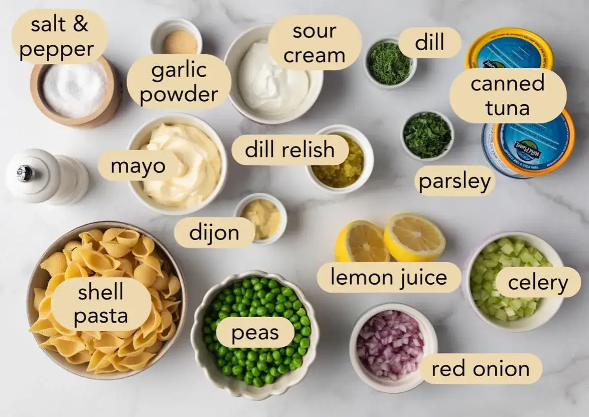 Zutaten f&uuml;r einen leckeren nudelsalat mit thunfisch: Muschelnudeln, Erbsen, Thunfisch, Mayo, saure Sahne, Dill, Petersilie, Zwiebeln, Sellerie, Zitrone, Knoblauchpulver, Salz, Pfeffer, Dijon.