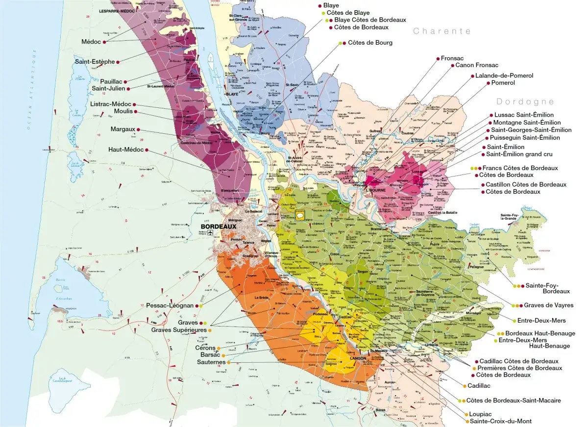 Carte des vins de Bordeaux, avec les appellations Médoc, Saint-Émilion, Pomerol, Graves, Sauternes. Le 2ème cru est bien représenté.
