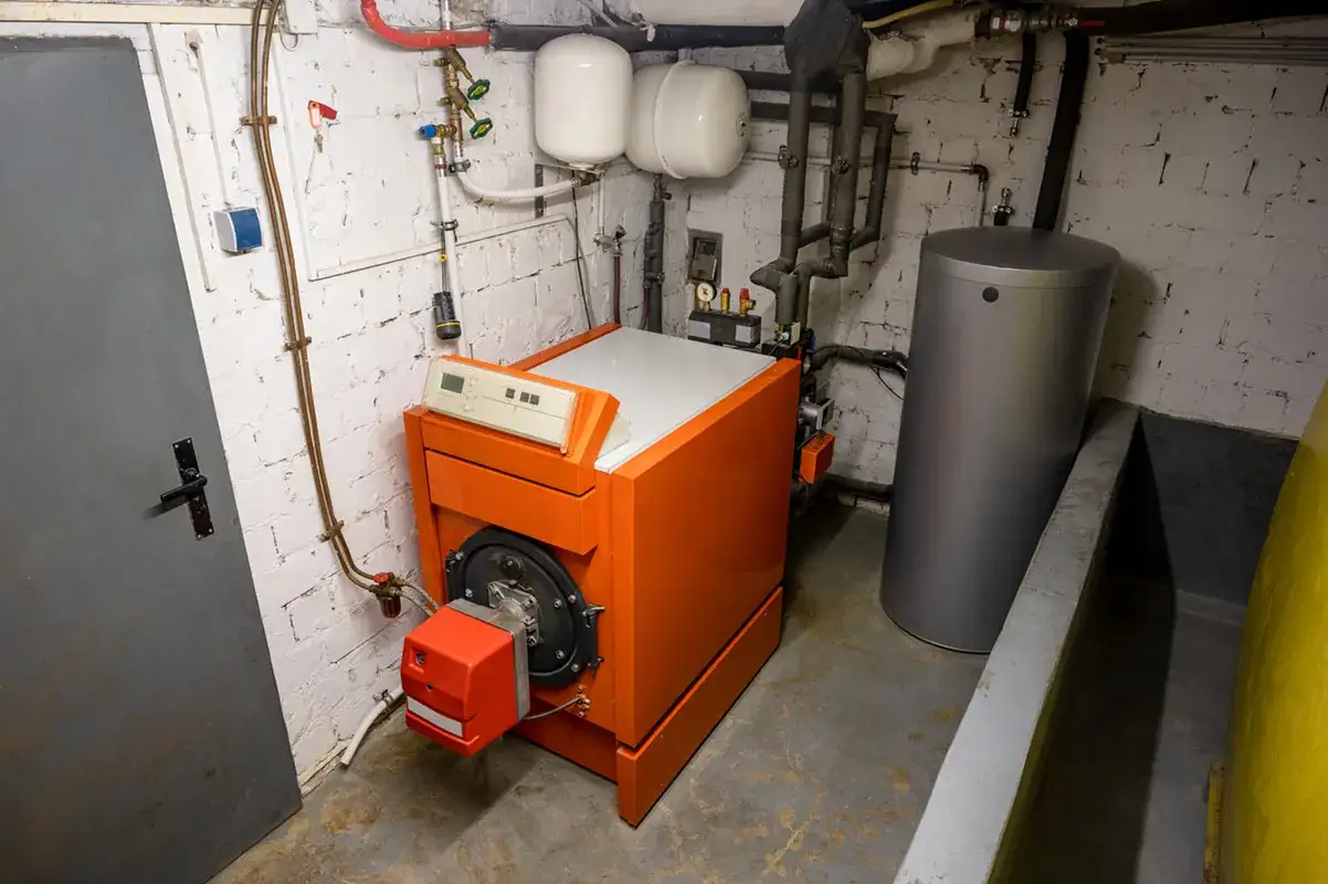 Chaudière orange flambant neuve, prête pour le changement. Un ballon d'eau chaude argenté se tient à côté, dans une pièce aux murs de briques blanches.