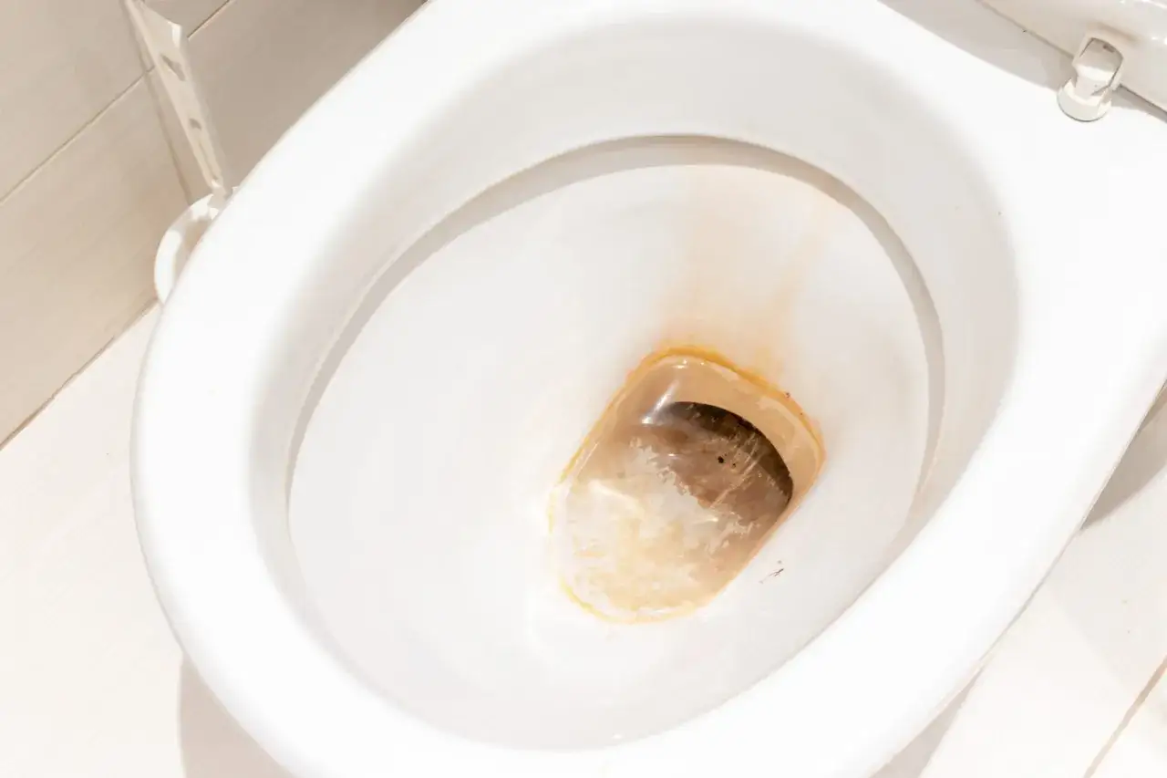 A dirty toilet bowl with stubborn rust-colored toilet stains, showing the challenge of how to clean toilet stains effectively.