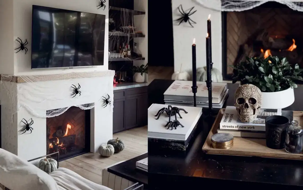 Mysig halloweenpynt diy med spindlar, ljus och en d&ouml;dskalle. Perfekt f&ouml;r att skapa en kuslig st&auml;mning!