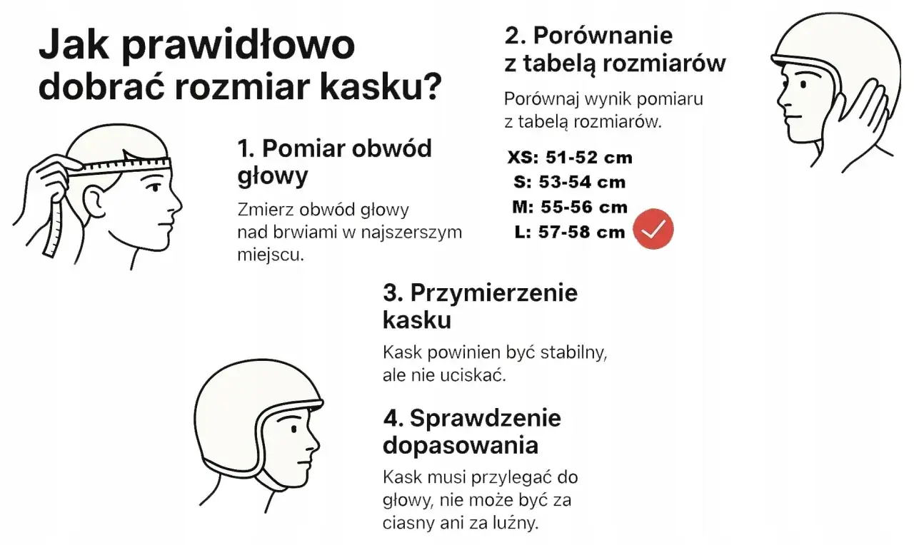 Jak dobrać kask? Zmierz obwód głowy (np. 55-56 cm, rozmiar M) i porównaj z tabelą. Kask musi pasować idealnie.