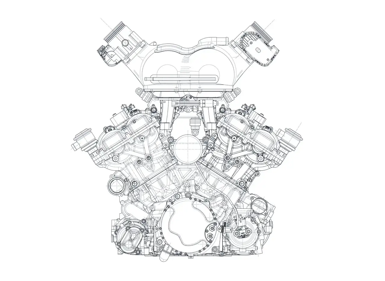 Szkic techniczny silnika V-twin, model v12, z widocznymi cylindrami, głowicami i elementami układu napędowego.