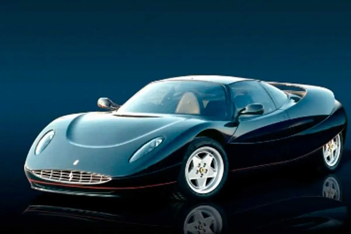 Elegancki, czarny Ferrari F90 z czerwonym akcentem na progu, lśni na tle granatowego tła.