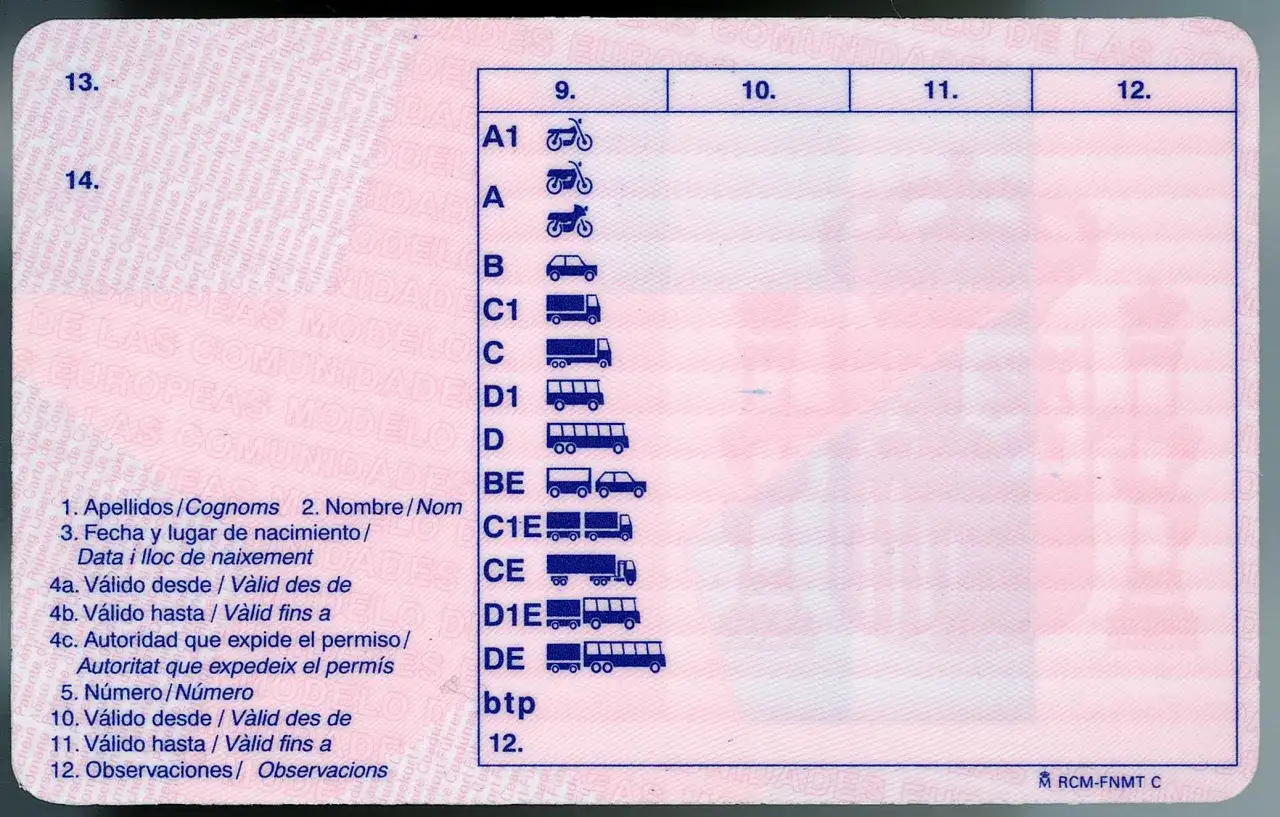 Carnet de moto con el de coche, mostrando categorías A1, A, B, C, D, BE, C1E, CE, D1E, DE y btp.