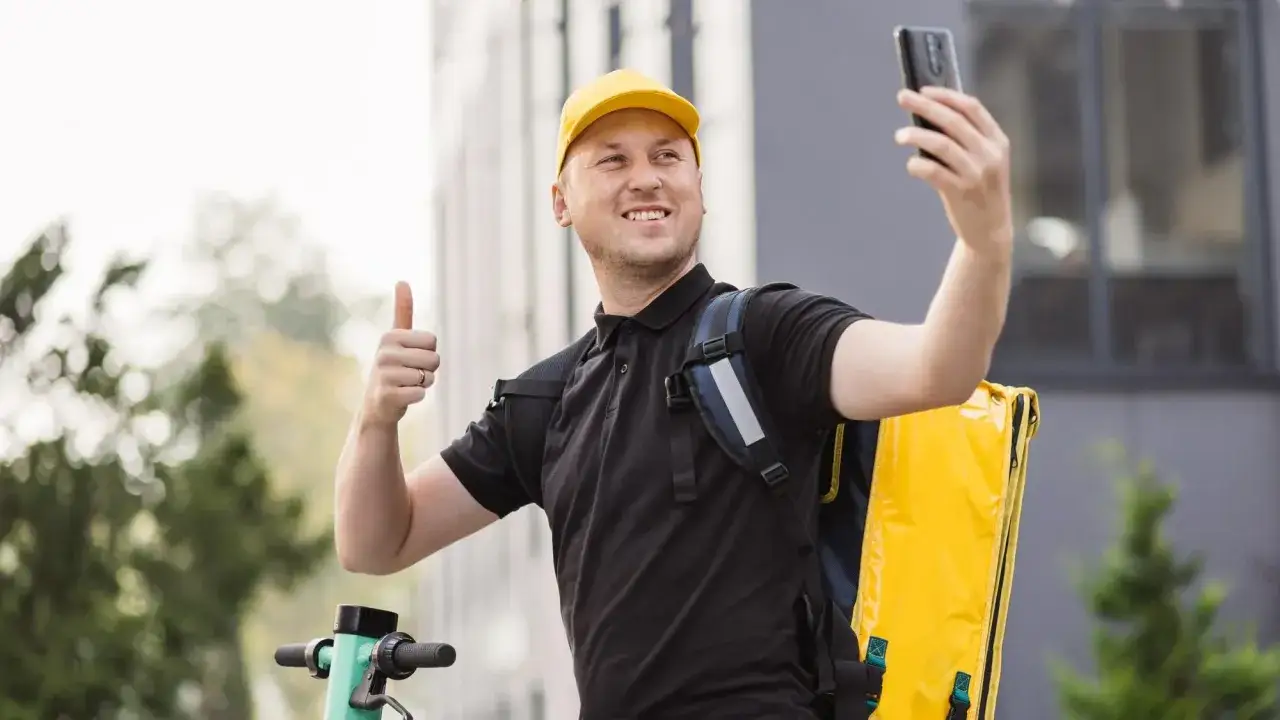 Kurier Glovo z ż&oacute;łtą torbą robi selfie, kciuk w g&oacute;rę. Zastanawiasz się, glovo do kt&oacute;rej godziny?