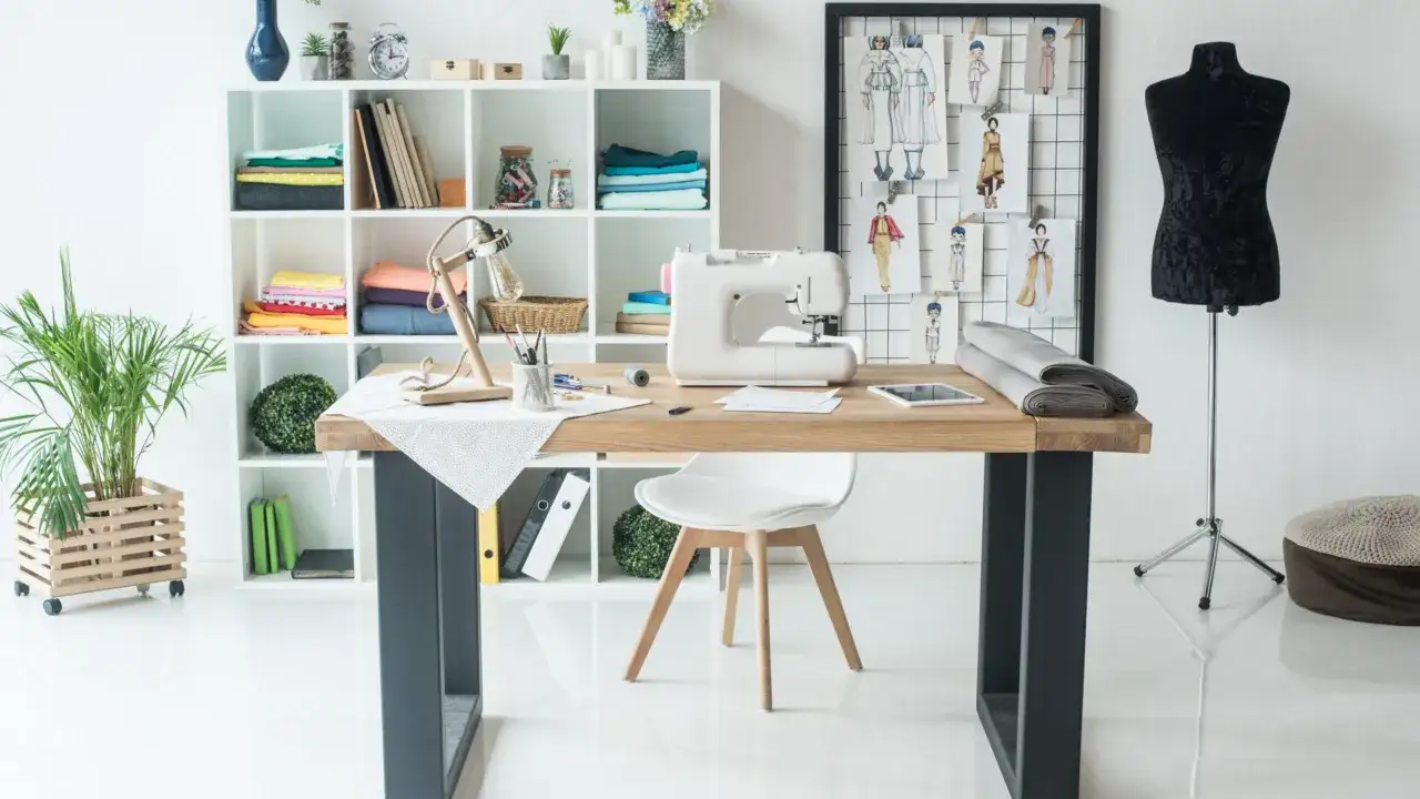 Espacio de trabajo de diseño de moda con máquina de coser, maniquí negro y bocetos de patron de moda en la pared.