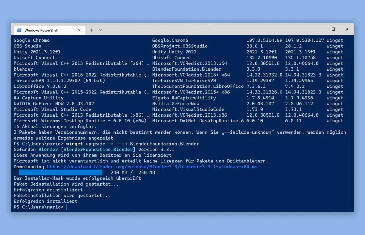 PowerShell zeigt den Befehl `winget upgrade` f&uuml;r Blender. Die Installation von Blender 3.3.1 ist erfolgreich.