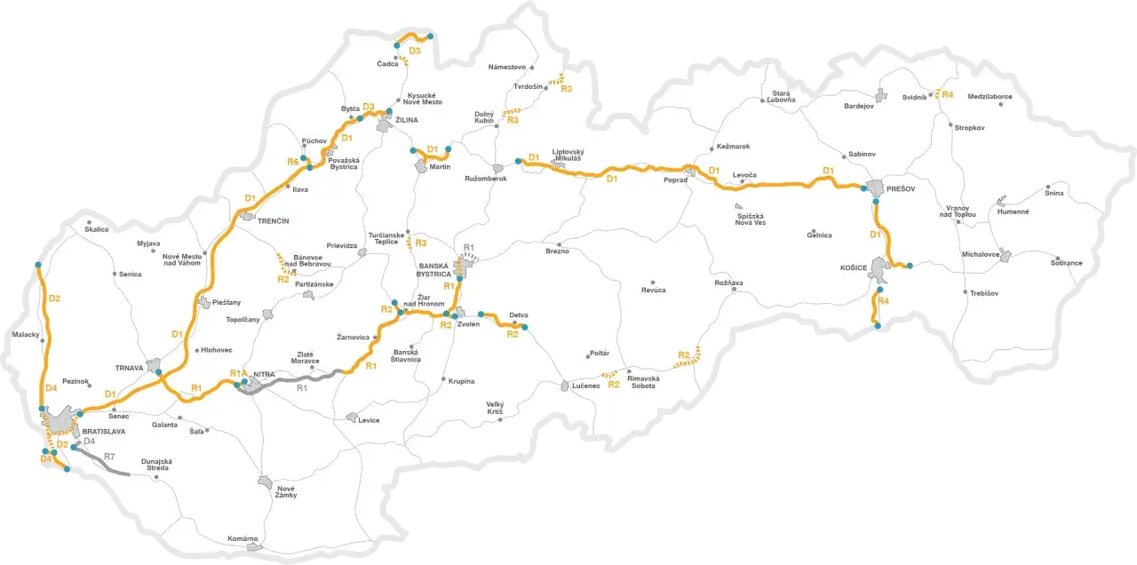 Mapa autostrad Słowacji z zaznaczonymi trasami D1, D2, D3, D4, R1, R2, R3, R4, R6, R7. Informacje o opłatach drogowych na Słowacji.