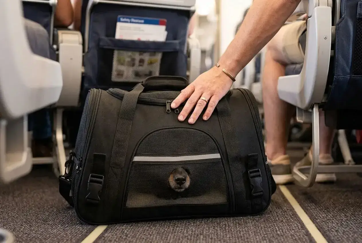 Un chien curieux regarde par la fenêtre d'un sac de transport, prêt pour un voyage en avion. Une compagnie aérienne qui accepte les chiens en cabine rend cela possible.
