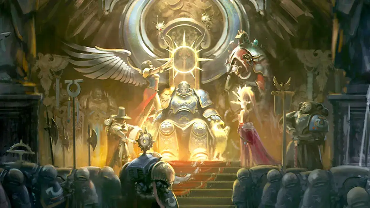 Roboute Guilliman, wspaniały władca, siedzi na tronie otoczony przez wiernych towarzyszy i żołnierzy.