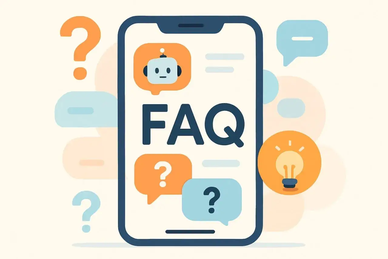 Telefon z ikoną robota i tekstem FAQ. To pokazuje, co to jest sztuczna inteligencja w telefonie, odpowiadając na pytania i generując pomysły.