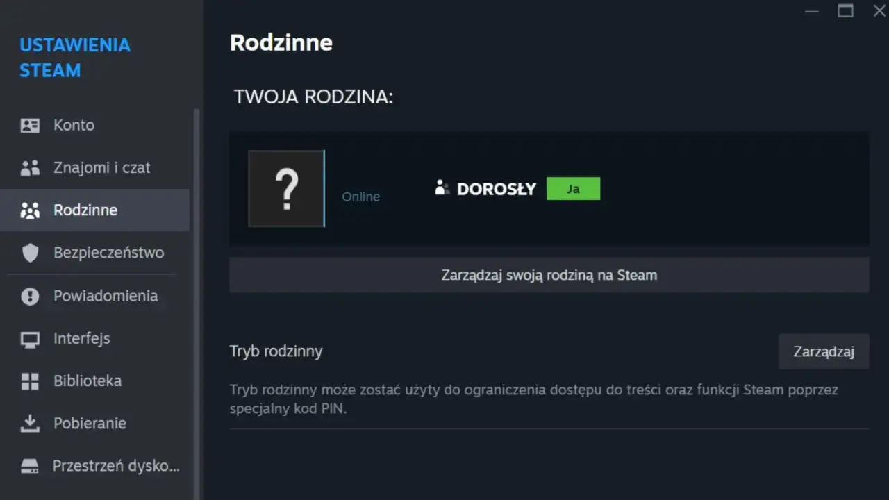 Ustawienia Steam: Rodzinne. Widok panelu zarządzania rodziną, gdzie można ustawić tryb rodzinny i ograniczenia dla członków rodziny.