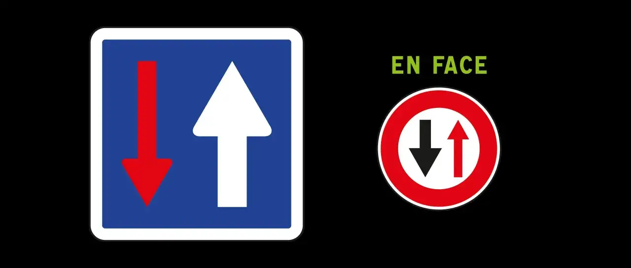 Panneau de priorité : une flèche blanche vers le haut et une flèche rouge vers le bas. Panneau 