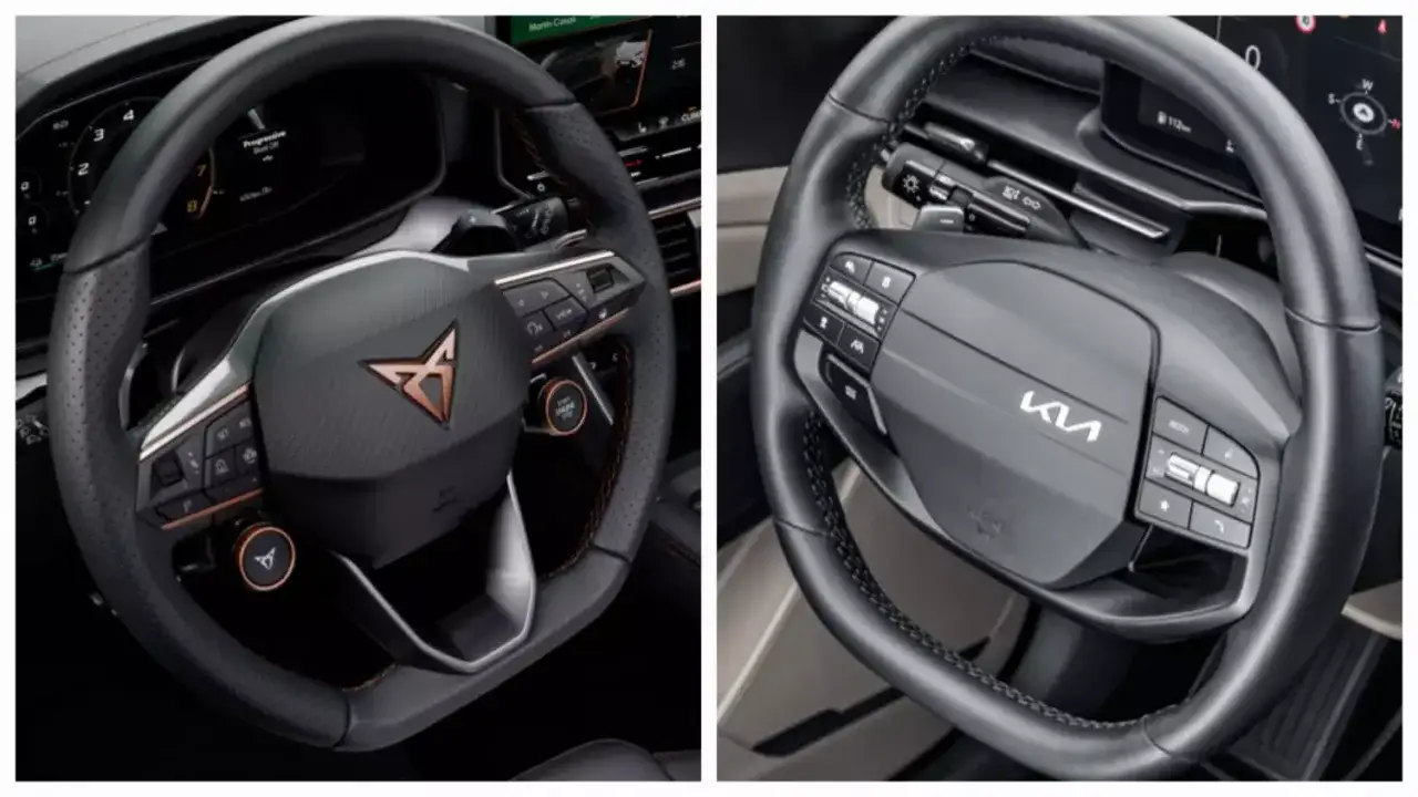 Kierownica Cupra Formentor z miedzianym logo i przyciskami, obok kierownicy Kia. Dane techniczne Cupra Formentor w zasięgu ręki.