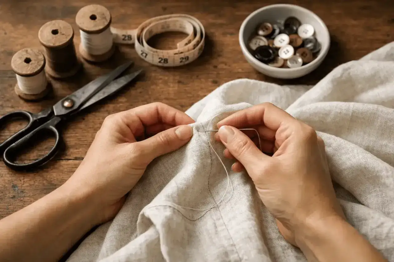 Mani che cuciono a mano con precisione, quasi come a macchina. Filo, aghi, forbici e bottoni pronti per dare vita a un tessuto.