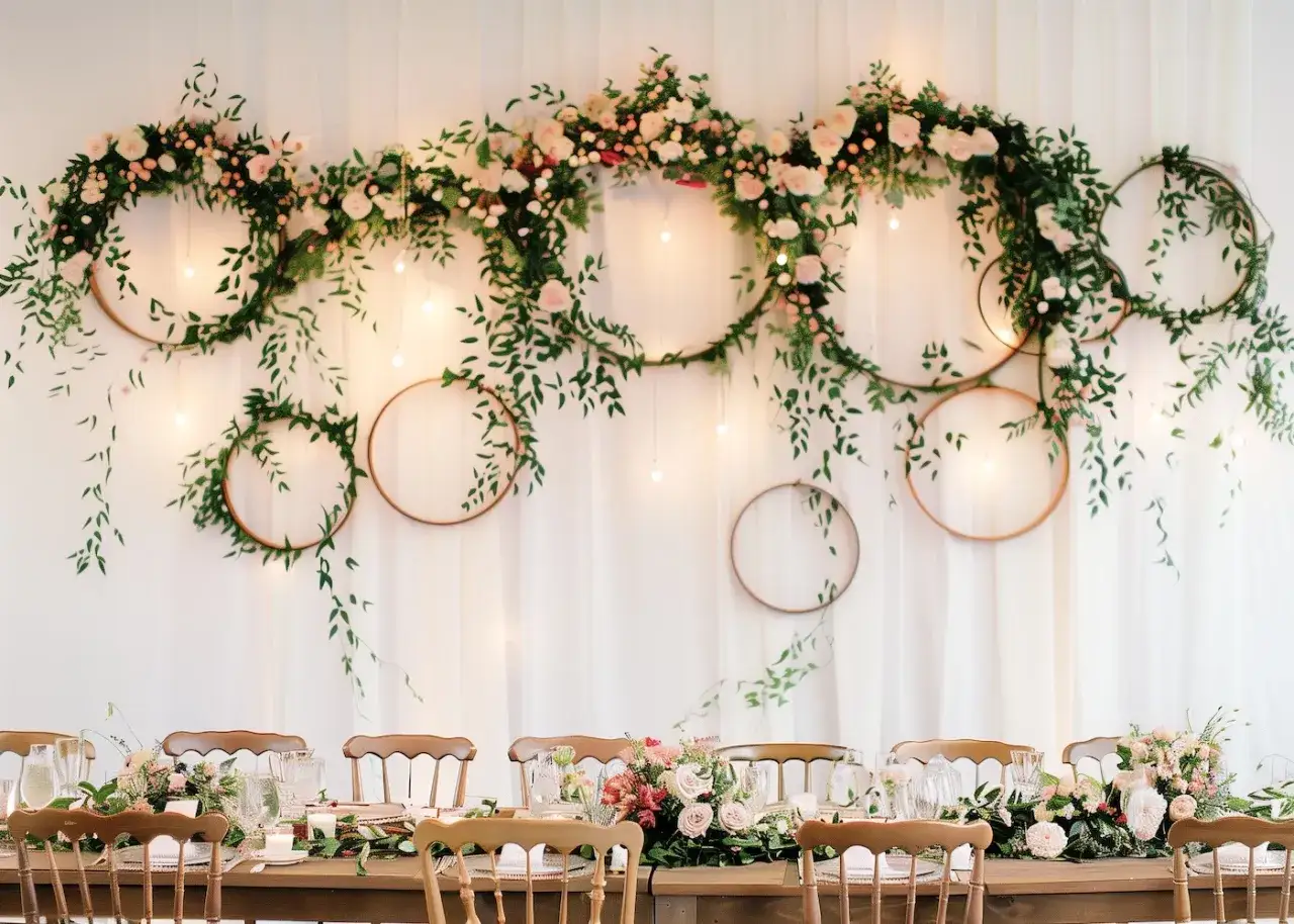 D&eacute;coration florale suspendue avec des cerceaux et des guirlandes lumineuses, parfaite pour un mariage diy. Table dress&eacute;e avec &eacute;l&eacute;gance.