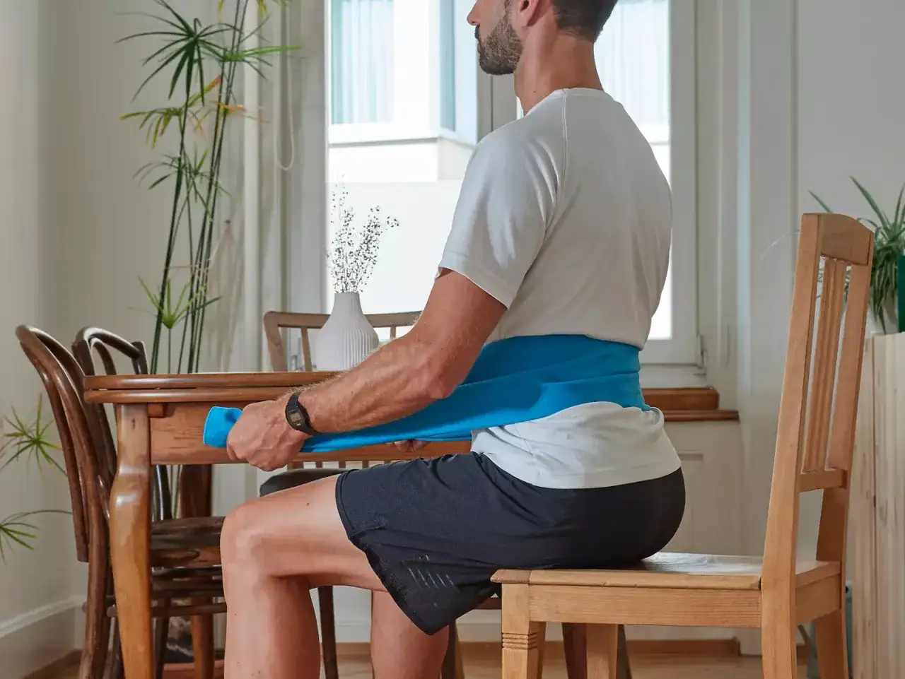 Uomo seduto esegue esercizi con fascia elastica blu per la lordosi cura, migliorando la postura.