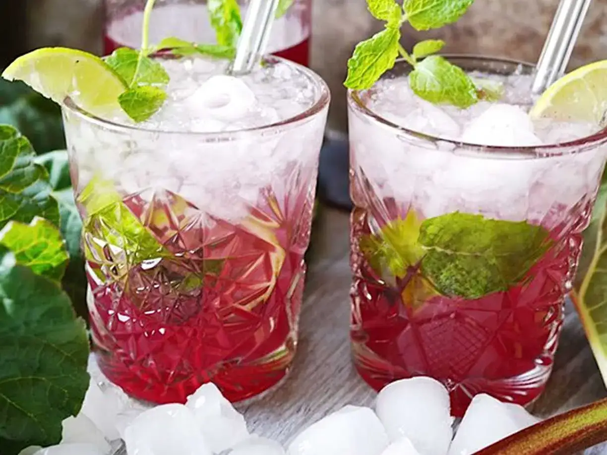 Tv&aring; glas med rabarber mojito, is, mynta och lime. En uppfriskande sommardrink.