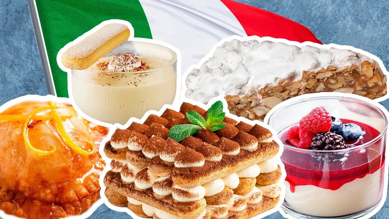 Eine bunte Collage mit verschiedenen italienischen Nachspeisen: Tiramisu, Panna Cotta mit Beeren, ein süßes Gebäck mit Orange und ein Kuchen mit Nüssen.